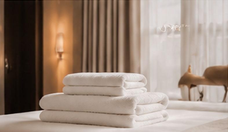 Otel odasında katlanmış beyaz havlular